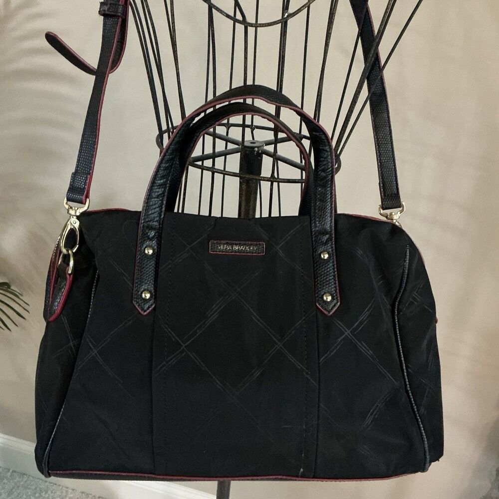 Vera Bradley Preppy Poly Ella Tote Crossbody Handbag Black With Red Trim Purse